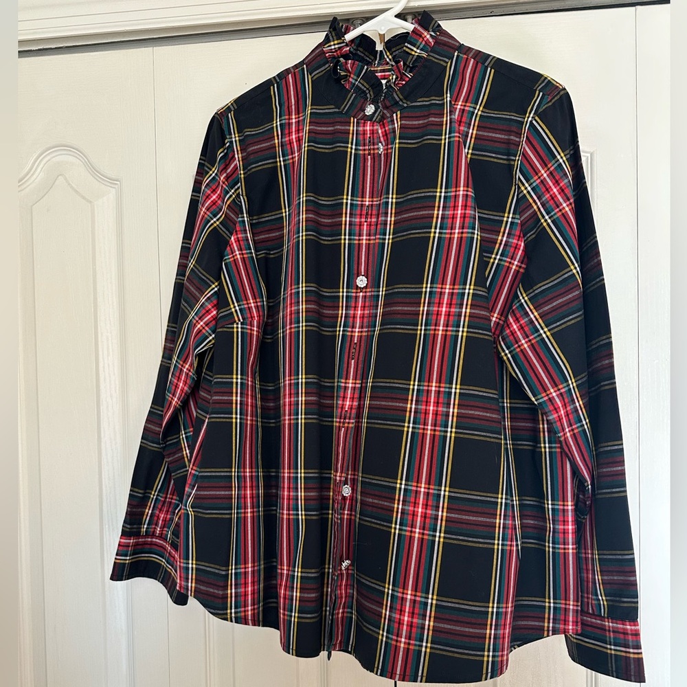 J. Crew Ladies Ruffle Collar Jeweled Button Plaid Blouse